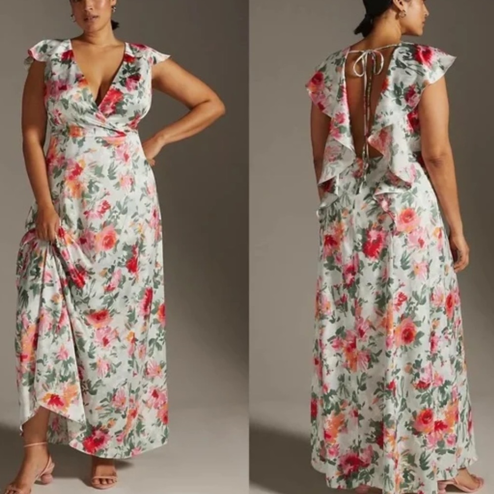 Hutch x Anthropologie Faux Wrap 6P / Sm Pink Green Floral Silky Maxi Dress